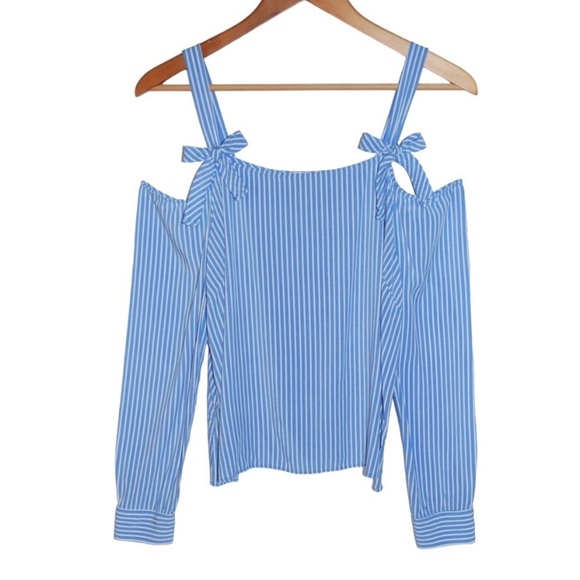 F21 Contemporary | Blue and White Striped Off-Shoulder Blouse w Ties Size Medium - Picture 1 of 3